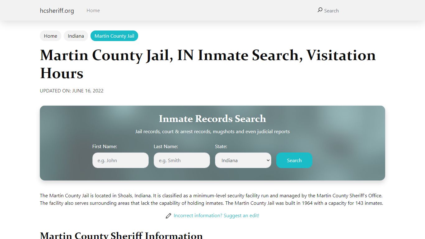 Martin County Jail, IN Inmate Search, Visitation Hours